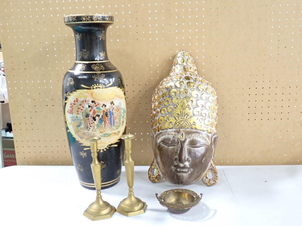 Decor incl Balinese Hand Carved Wood Buddha Head Mask Wall Decor, Asian Style Vase, Brass Candlestic (1 of 17)
