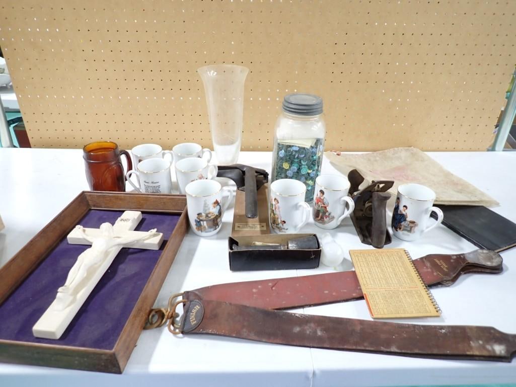 Misc. Lot including Rockwell Coffee Cups, Religious, leather Barber Blade Sharpeners, Jar of buttons (1 of 6)