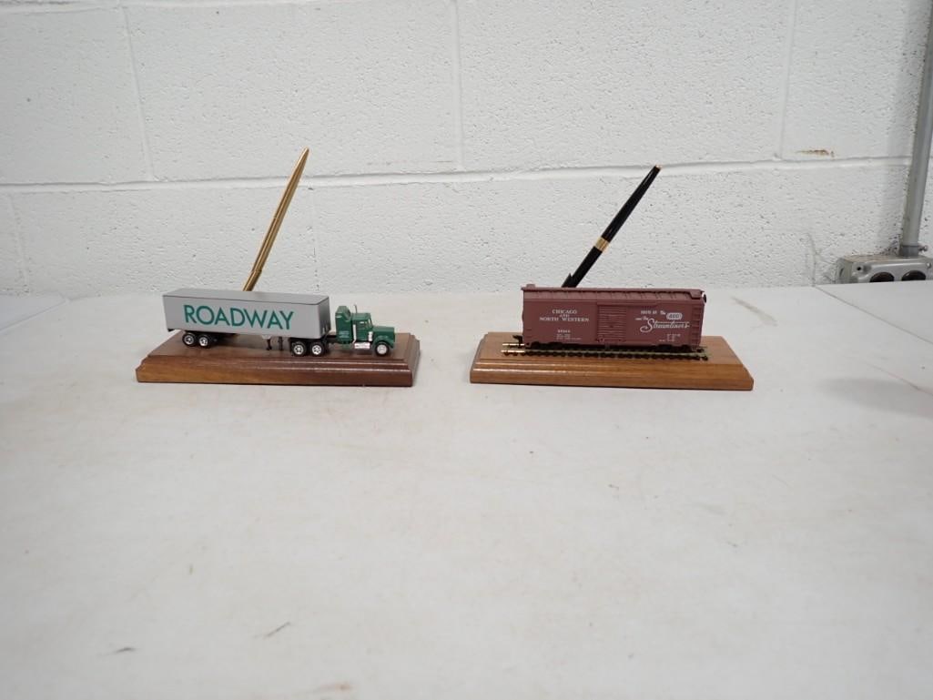Pr of Desk Pen Holders 1 with HO Train and 1 With Roadway Truck: Pr of Desk Pen Holders 1 with HO Train and 1 With Roadway Truck