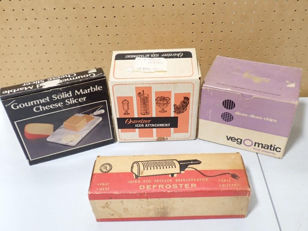 Vintage Kitchen items with original boxes including Marble Cheese Slicer, Infra-Red Defroster, Veg O (1 of 8)