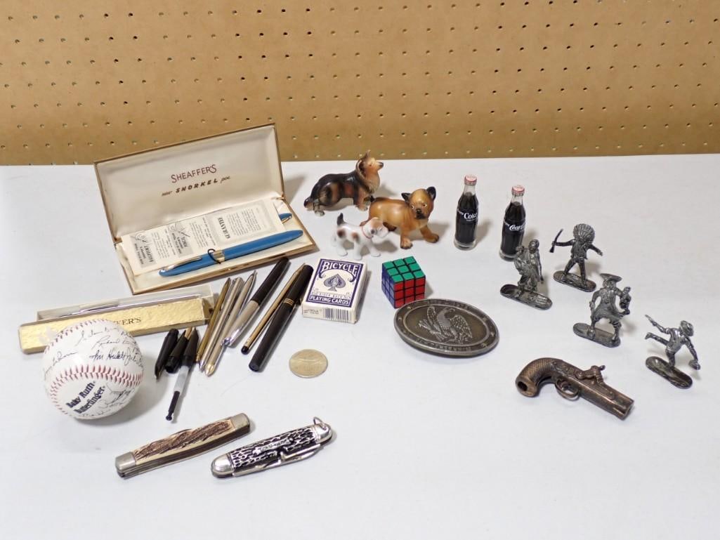 Misc. Smalls lot including pocket knives, figurines, soldiers, Coca Cola, Sheaffer's Snorkel Pen, Mi (1 of 11)