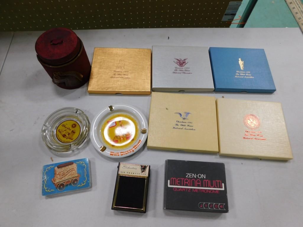 Collectibles incl The White House Historical Association Christmas Ornaments, Walt Disney World Asht: Collectibles incl The White House Historical Association Christmas Ornaments, Walt Disney World Ashtray, The Sands Casino Las Vegas Ashtray, Silvertone Six Transistor Radio, Zen-On Metrina Multi Quart
