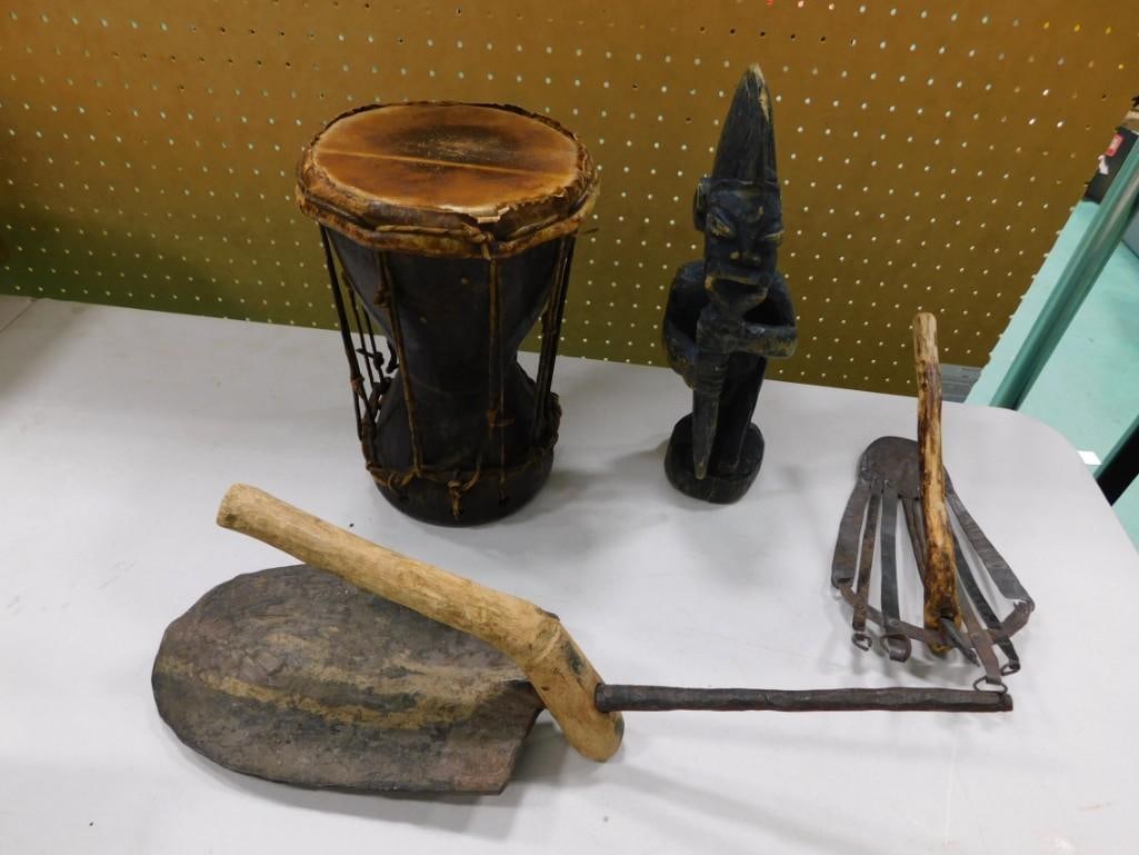 African Artifacts Circa 1930s incl Drum, Statue, etc (1 of 5)
