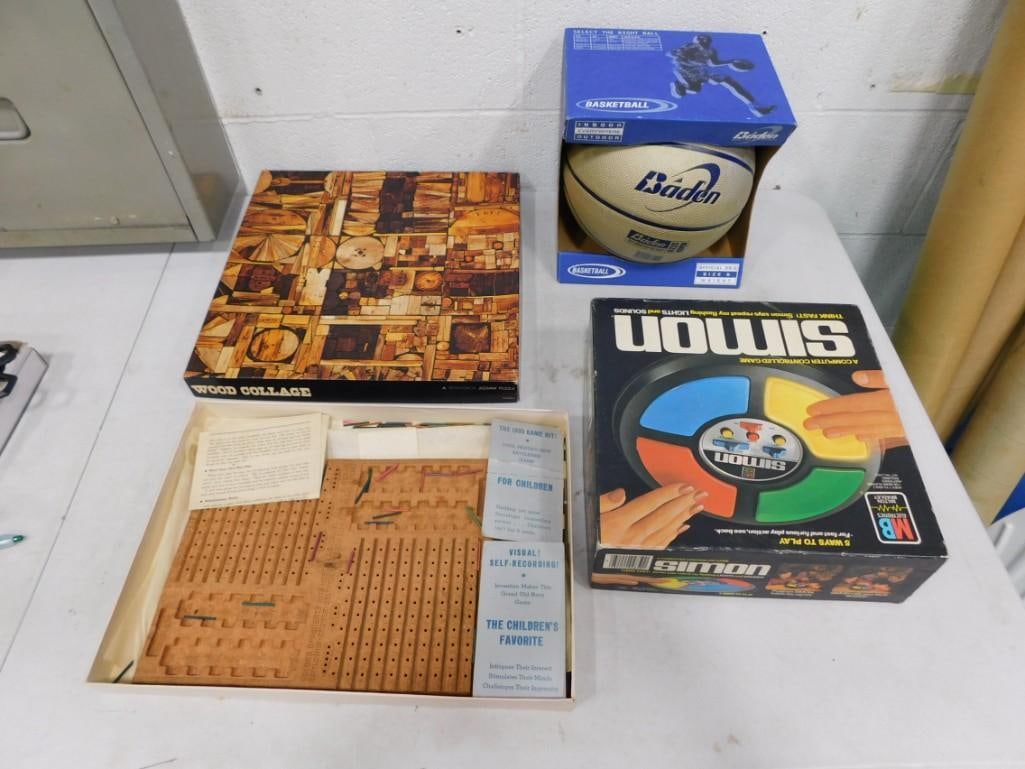 Misc. lot including Baden Basketball, Vintage Simon Game, Wood Collage puzzle, Vintage Battleship Ga (1 of 5)
