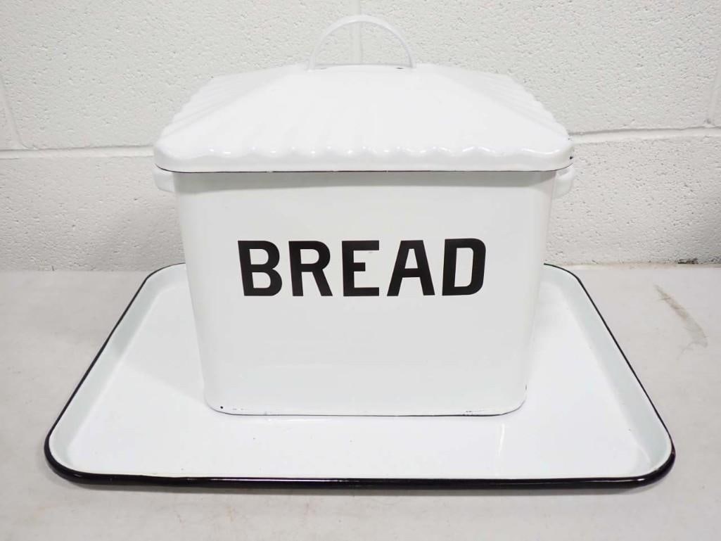 Enamelware Bread Box and Tray Black and White: Enamelware Bread Box and Tray Black and White . Bread box is chipped on the inside. Roughly the size of a bread box.