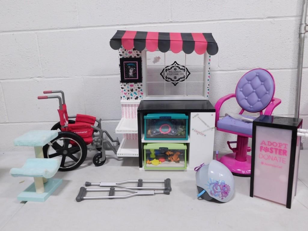 Doll Accessories incl American Girl Pet Boutique, American Girl Wheelchair,: Doll Accessories incl American Girl Pet Boutique, American Girl Wheelchair, American Girl Adopt Foster Donate Box or Stand, American Girl Doll Salon Chair, American Girl Doll Bicycle Helmet, Crutches,