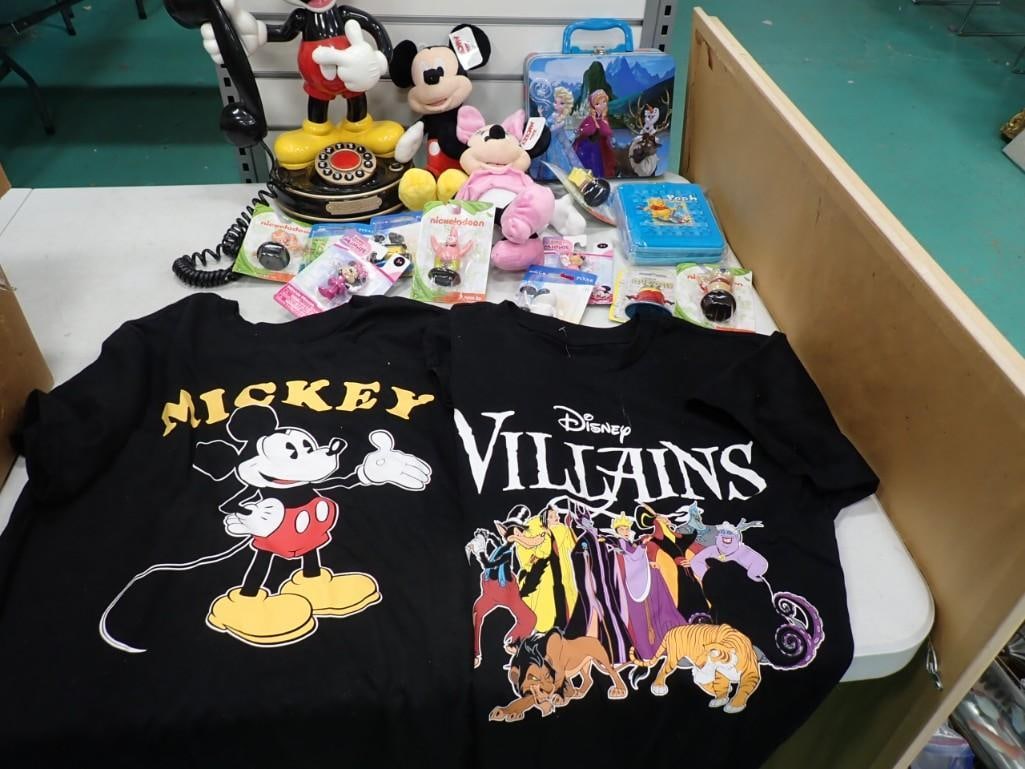 Lot of Walt Disney Collectibles including T-Shirts, Phone, Plush, Figurines, etc.: Lot of Walt Disney Collectibles including T-Shirts, telephone, Plush, Figurines, etc.