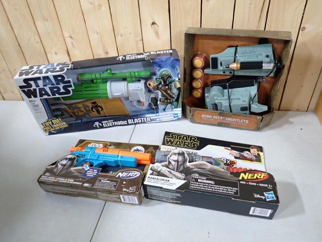 Star Wars Toys Lot New in Box incl Electronic Blaster, Boba Fett Gauntlets, Nerf Gun, Nerf Mandalori: Star Wars Toys Lot New in Box incl Electronic Blaster, Boba Fett Gauntlets, Nerf Gun, Nerf Mandalorian Toy
