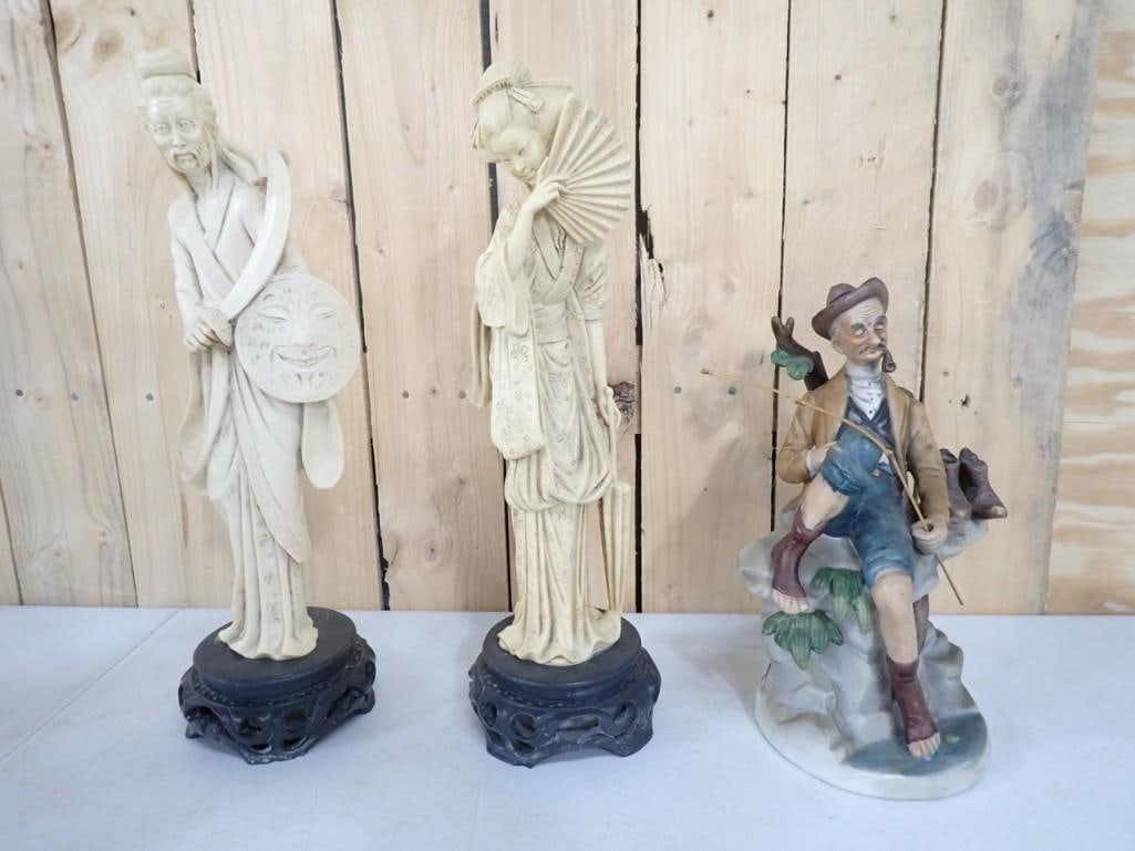 2 A Santini Asian Style Figurines and a Unmarked Figurine of a Fisherman: 2 A Santini Asian Style Figurines and a Unmarked Figurine of a Fisherman