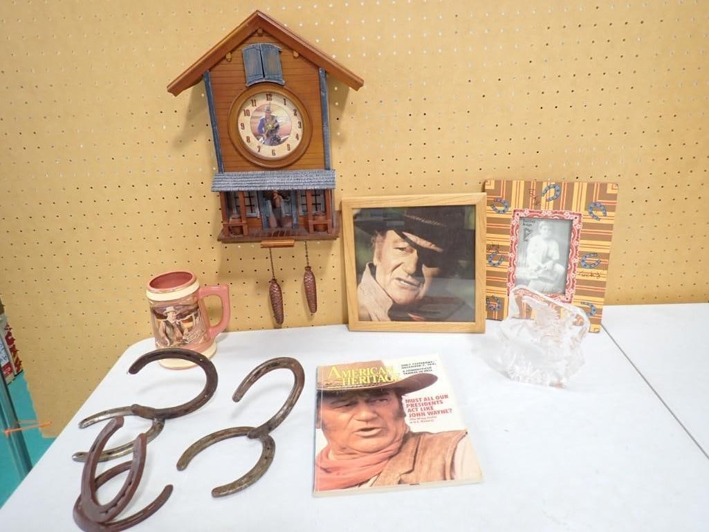 Lot of John Wayne and Cowboy Items incl John Wayne Clock, Framed Picture, Crystal Cowboy Paperwei (1 of 18)