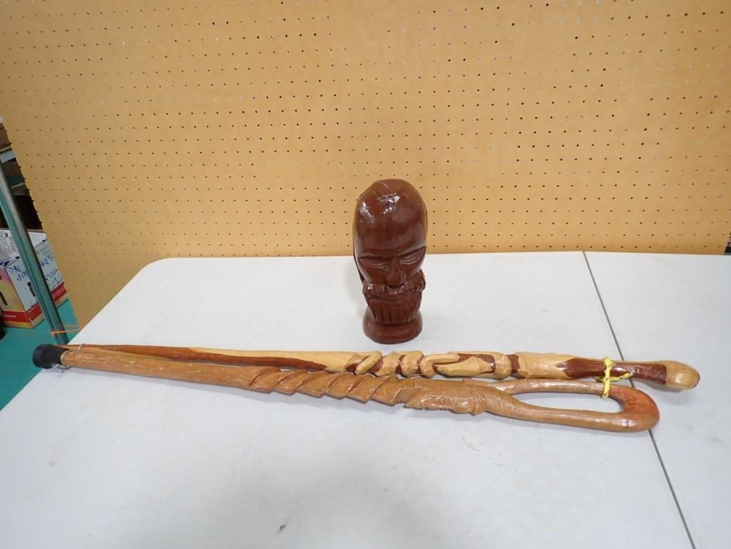 Carved Wood Lot incl 2 Carved Wood Walking Canes and 1 Wood Bust Statue 10" Tall: Carved Wood Lot incl 2 Carved Wood Walking Canes or Walking Sticks incl 1 39" and 1 36" and 1 Carved Wood Bust Statue 10" Tall