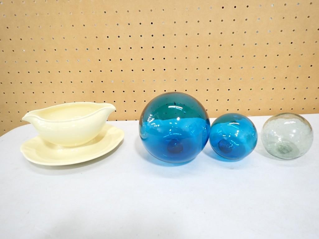 2 Vintage Blue Glass Globes , 1 Clear Glass Globe , 1 Ceramic Gravy Boat with Underplate: 2 Vintage Blue Glass Globes , 1 Clear Glass Globe , 1 Ceramic Gravy Boat with Under plate