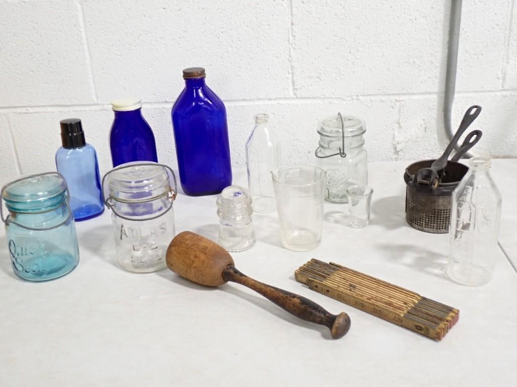 Vintage Lot incl Cobalt Blue Bottles, Primitive Masher, Folding Ruler, Blue Glass Jar, etc: Vintage Lot incl Cobalt Blue Bottles, Primitive Masher, Folding Ruler, Blue Glass Jar, etc
