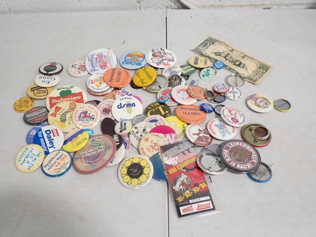 Lot of Buttons incl Advertising, Political, etc Plus Bulls NBA Champions Wheaties Pin, (1 of 10)