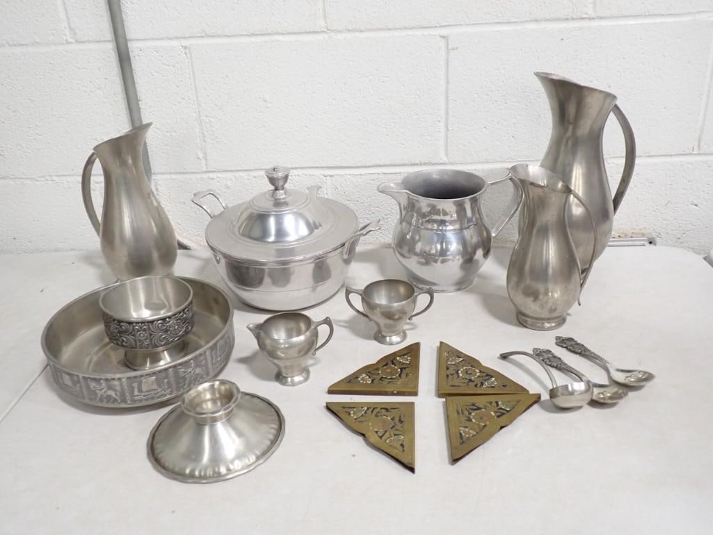 Vintage Metal Serving Items incl Water Pitchers, Creamer, Sugar Bowl, Utensils, (1 of 11)