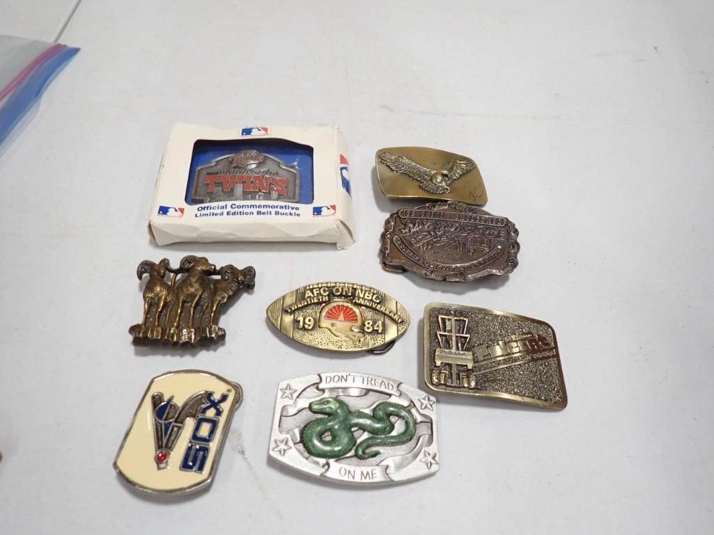 Belt Buckles including Vintage Chicago White Sox, Don't Tread on Me, AFC on NBC, Twins, Eagle,: Belt Buckles including Vintage Chicago White Sox, Don't Tread on Me, AFC on NBC, Twins, Eagle, Tombstone Mining Co., etc.