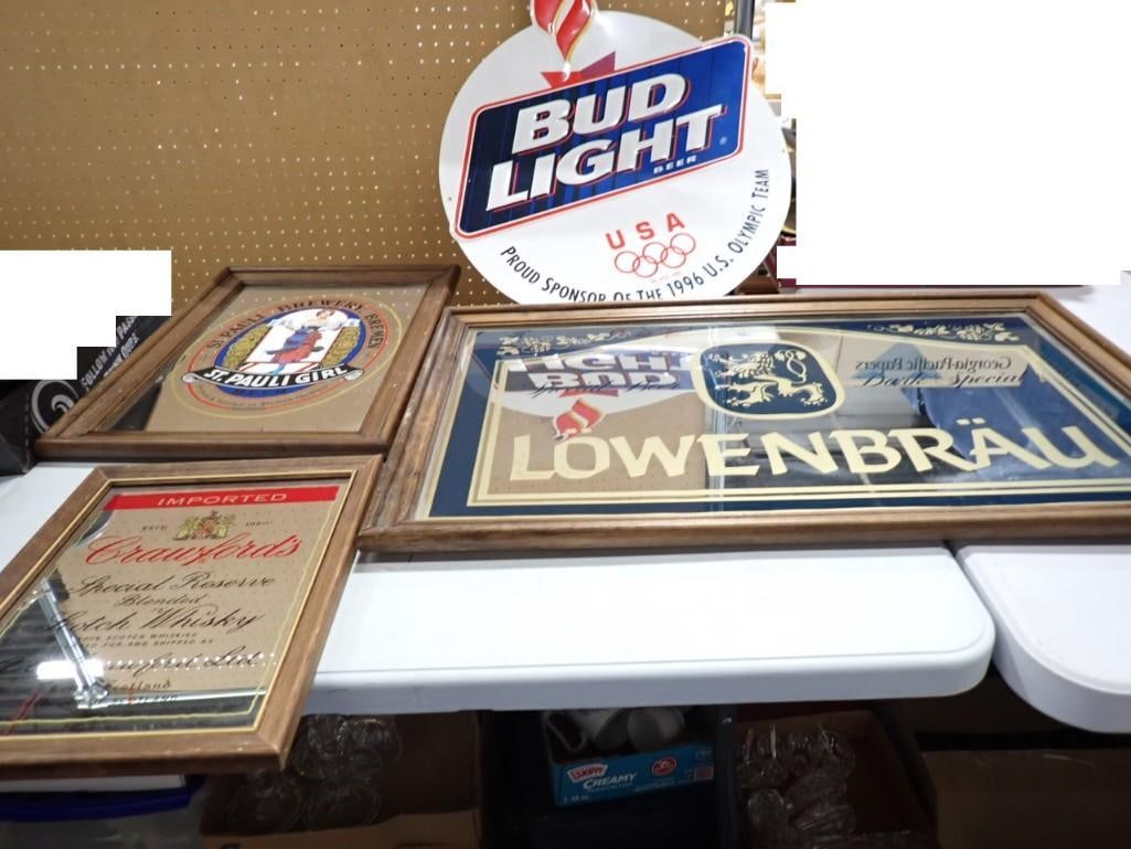 Assorted Beer Signs / Mirrors including Bud Light Olympics Lowenbrau, St. Pauli Girl, Crawfords Whis (1 of 7)