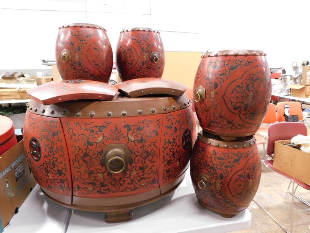 Asian Style Red Coromandel Drum Coffee Table with 4 Stools (1 of 14)
