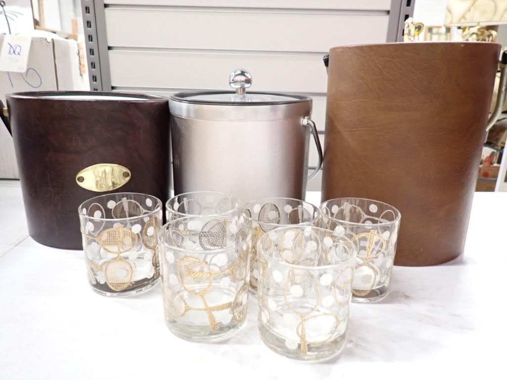 MCM Set of 6 Georges Briard Rocks Glasses with Tennis Racket Design, 3 Ice Buckets (1 of 7)