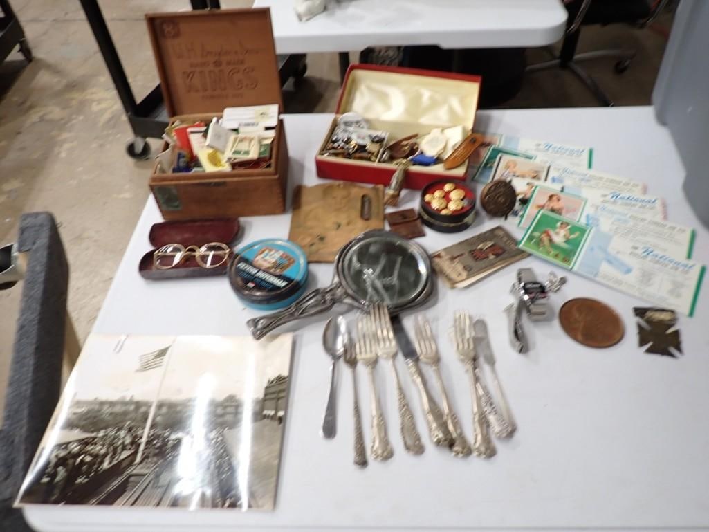Vintage Ephemera and Smalls incl Matchbooks, Advertising, Chicago Bears Watch, Flatware,: Vintage Ephemera and Smalls incl Matchbooks, Advertising, Chicago Bears Watch, Flatware, Pins, Eye glasses, etc