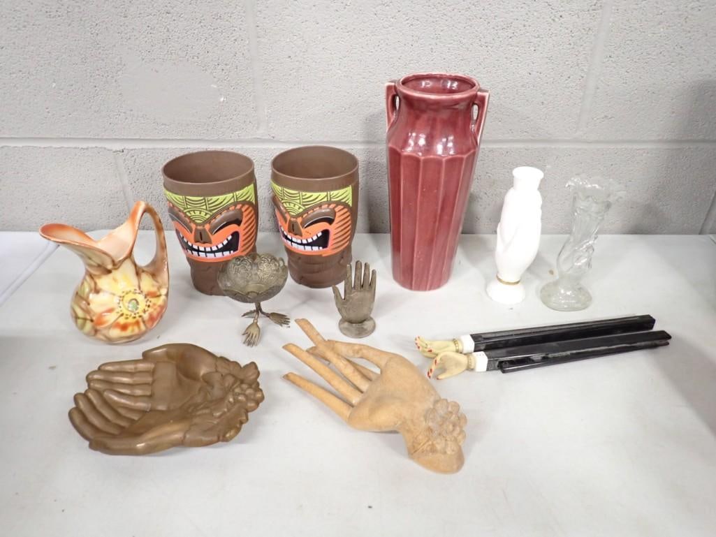Misc Collectibles incl 2 Hand Vases, Brass Hand Trinket Dish, Wood Hand Sculpture, (1 of 9)
