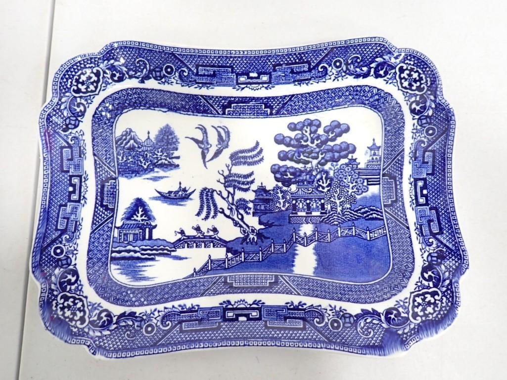 19th C. Staffordshire Blue Porcelain Platter Ye Olde Willow 13" x 9.5" (1 of 6)