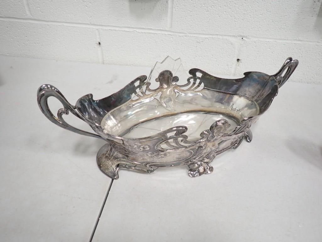 WMF Silverplate Art Nouveau Centerpiece 18" x 6" x 7": WMF Silverplate Art Nouveau Centerpiece 18" x 6" x 7" . Original crystal insert has a chip in the rim