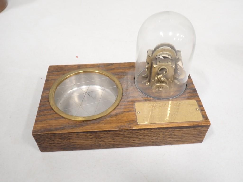 Edison Stock Ticker Ashtray Mounted on Oak Stand 9" x 6" (1 of 7)