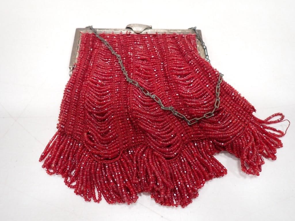 Antique Red Beaded Victorian Purse Metal Frame 5" x 7" (1 of 4)