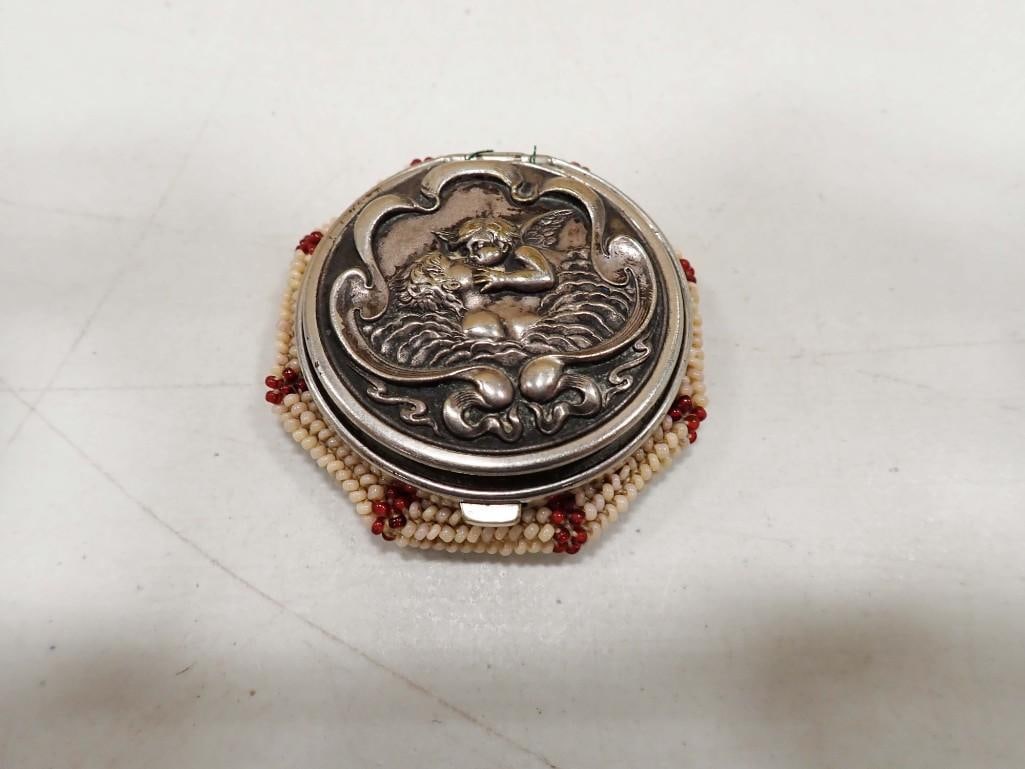 Antique Beaded Art Nouveau Cherub Silver Coin Purse 2" x 2" (1 of 5)