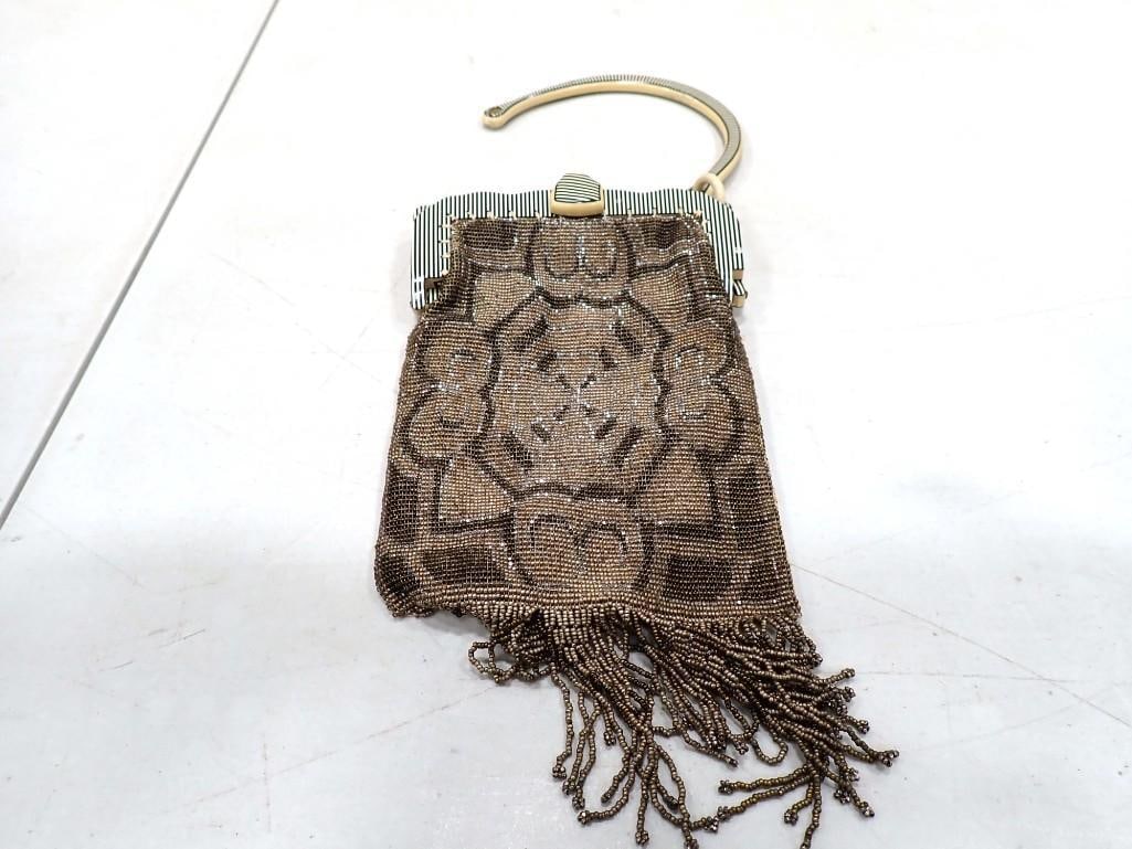 Antique French Beaded Purse with Bakelite Handle Approx 5" x 9" (1 of 4)
