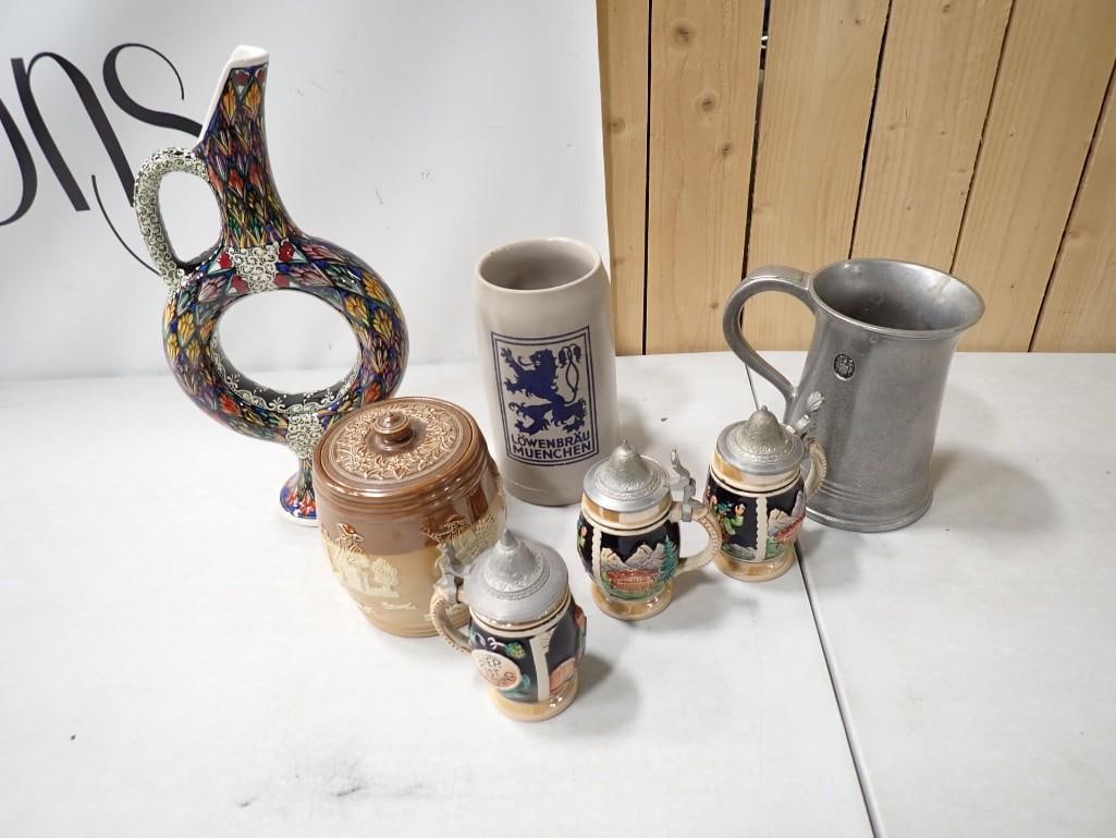 Lot of German Beer Steins, Humidor, Pewter Mug, etc.: Lot of German Beer Steins, Humidor, Pewter Mug, etc.