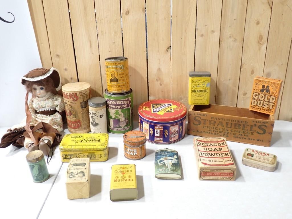 Antique and Vintage Advertising Tins, General Store Advertisement, Plus a Doll (1 of 11)