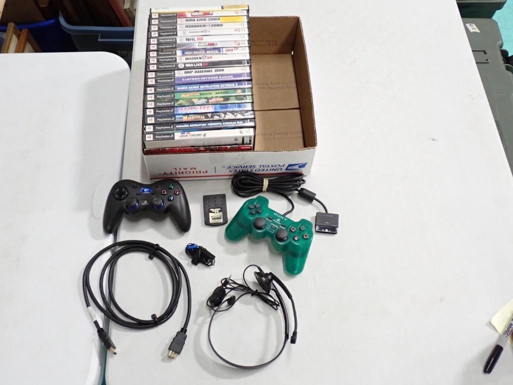 19 Playstation 2 PS2 Games, Memory Card, 2 Controllers: 19 Playstation 2 PS2 Games, Memory Card, 2 Controllers. All untested, wireless controller is missing dongle, see photos, Includes everything shown in the pictures