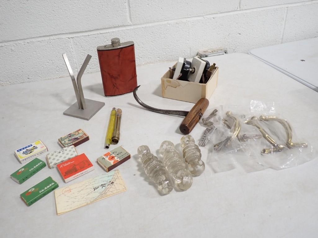 Lot of Japanese Matches, Flask, Drawer Pulls, and More: Lot of Japanese Matches, Flask, Drawer Pulls, and More