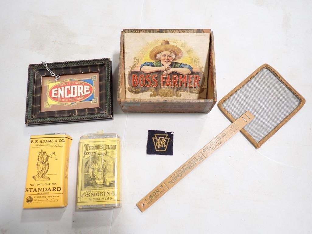 Antique Advertising Fly Swater, Tobacco Packaging, Penn Railroad, etc: Antique Advertising Fly Swater, Tobacco Packaging, Penn Railroad, etc