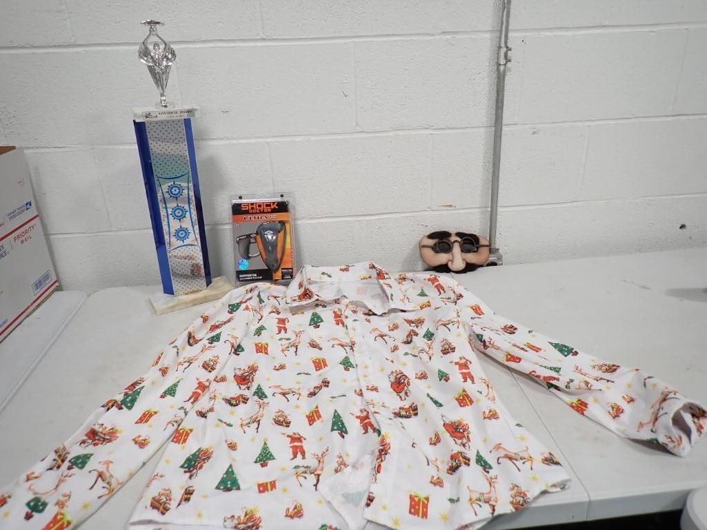 Misc. Lot including Christmas Shirt, Mask, Shock Jock, Dragway Trophy: Misc. Lot including Christmas Shirt, Mask, Shock Jock, Dragway Trophy