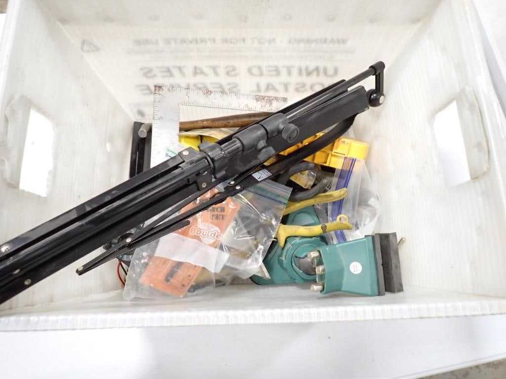 Bin full of Assorted Tools, Tripod, etc. (1 of 3)