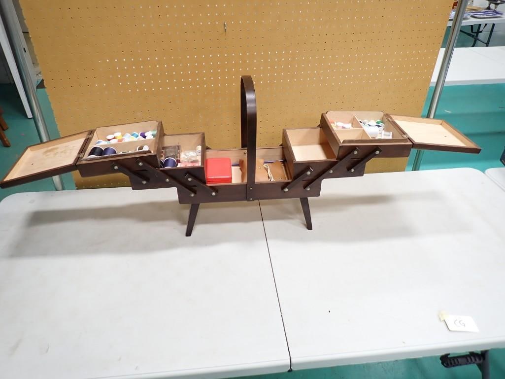 Vintage Wooden Expanding Sewing Box with some Sewing Accessories, etc. included: Vintage Wooden Expanding Sewing Box with some Sewing Accessories, etc. included
