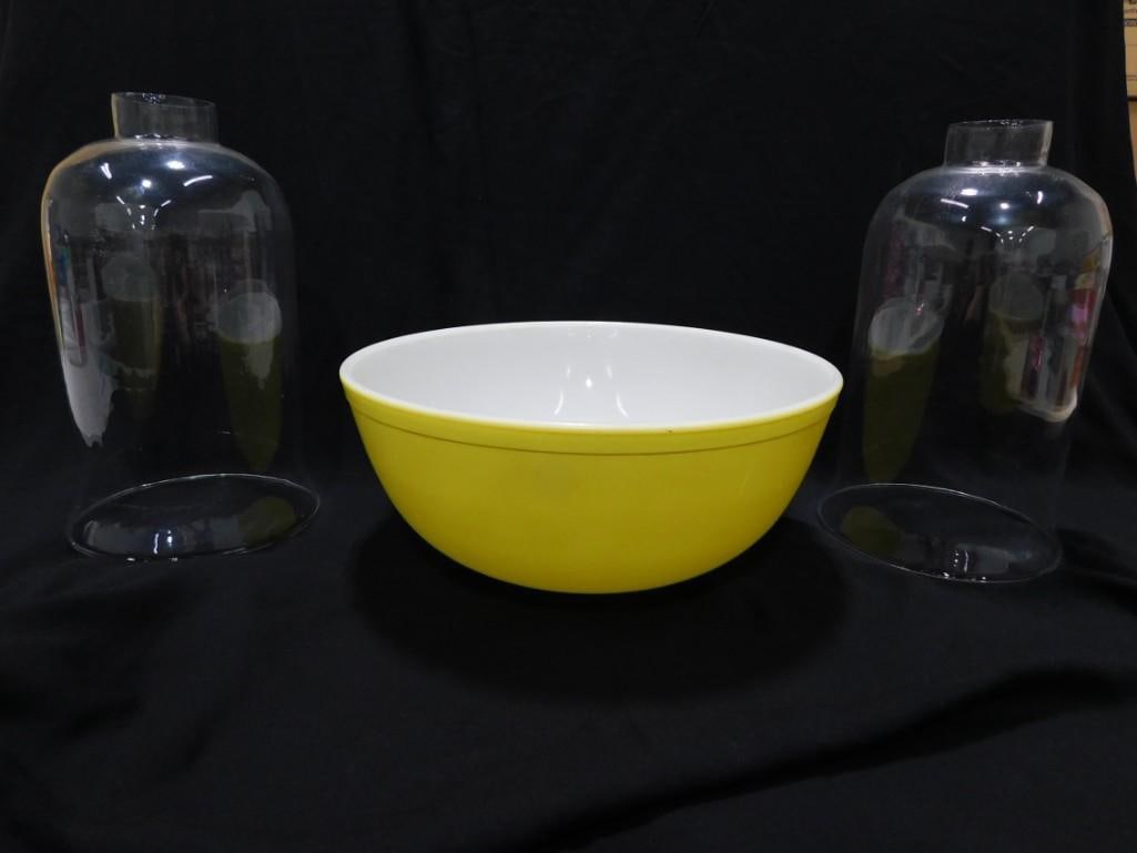 Vintage Yellow Pyrex Mixing Bowl and 2 Clear Glass Lamp Shades: Vintage Yellow Pyrex Mixing Bowl and 2 Clear Glass Lamp Shades