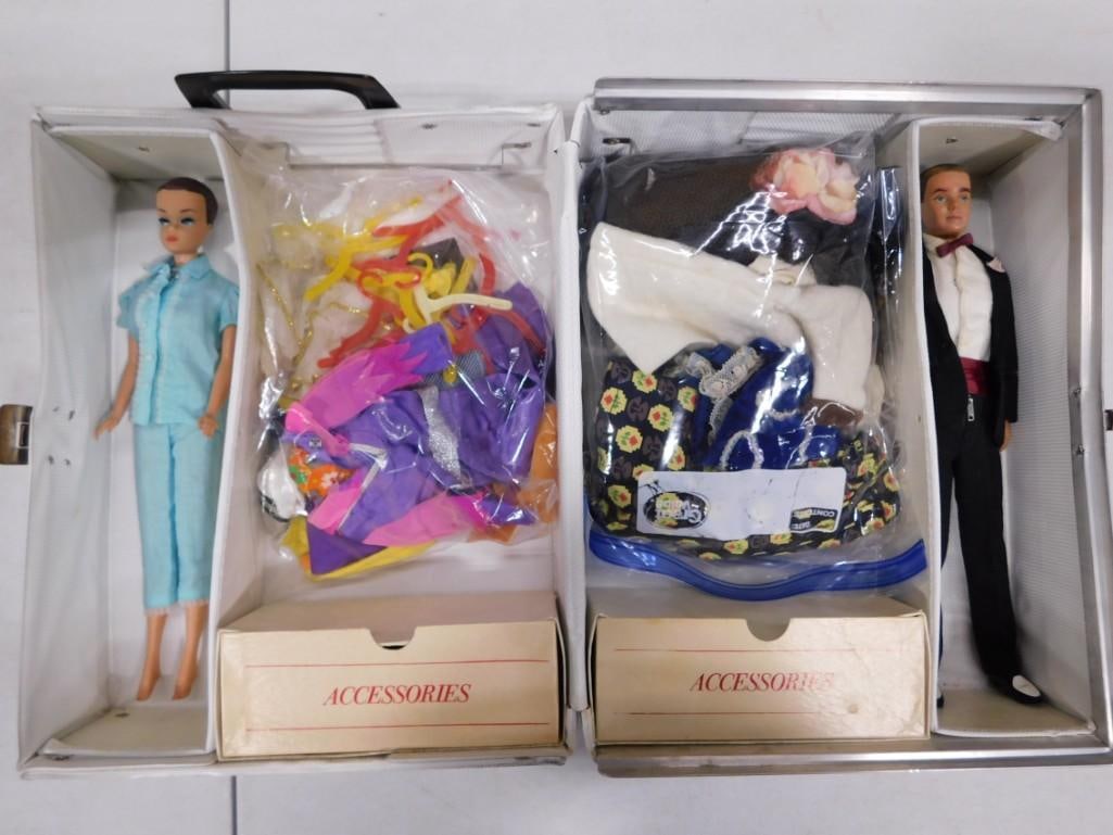 Vtg 1961 Ken with Flocked Hair and 1960 Fashion Queen Barbie in 1969 Barbie Case: Vintage 1961 Ken with flocked Hair (Missing flocking) in vintage tuxedo outfit. Right arm is disconnected. 1960 Fashion Queen Barbie Vintage Barbie and Handmade clothes in 1968 Barbie Case. Fashion Qu