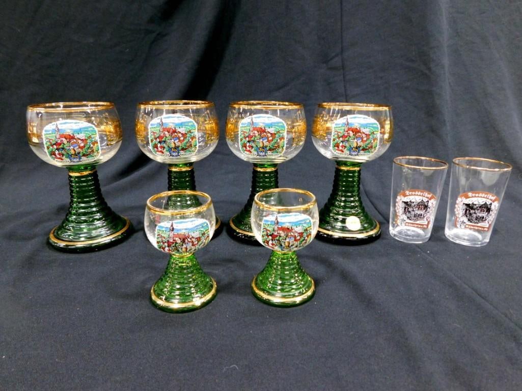 4 German Wine or Drink Stemware Glasses, 2 Cordial or Shot Glasses: 4 German Wine or Drink Stemware Glasses, 2 Cordial or Shot Glasses, and 2 German Drosselhof Shot Glasses. Stemware glasses have beehive style green stems with ornate gilding and painting and wording &