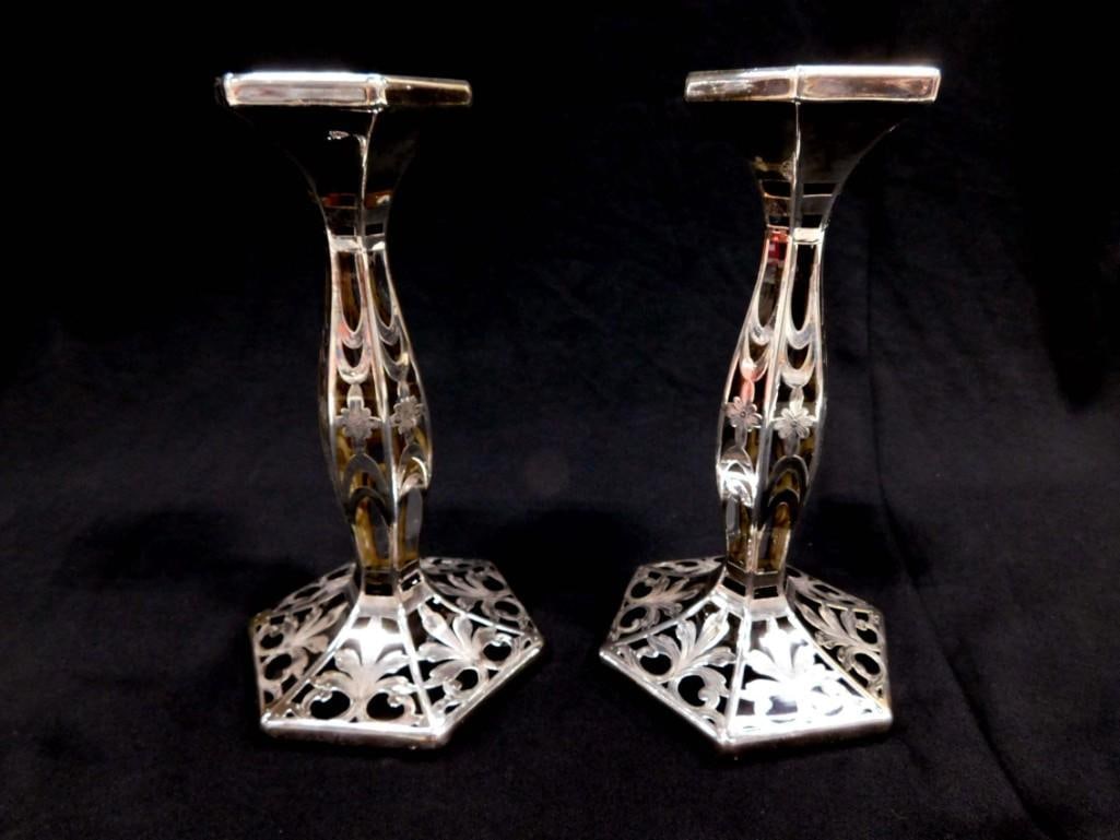 Antique Early 1900s Electrolyctic EAMCO Candlesticks / Holders with Silver Overlay on Glass 7 1/2" (1 of 9)