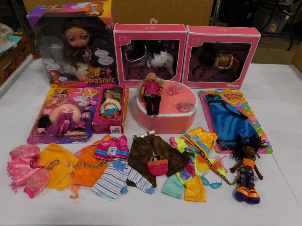 Target Our Generation Diva Starz, Groovy Girls Dolls & Accessories Lot: Target Our Generation Lori Dolls, case, NIB horses, Diva Starz Nikki & accessories with box, Groovy Girls doll & fashions lot. Clean, includes items shown.