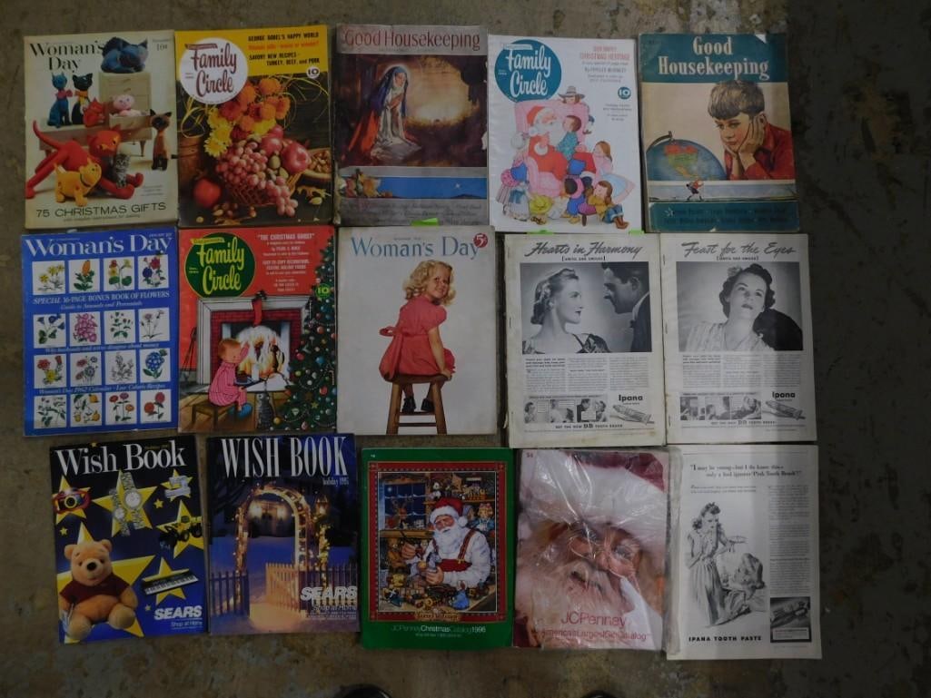 14 Vtg Christmas Catalogs & Good Housekeeping, Woman's Day, etc Magazines Lot: Includes 4 vintage 1990s Sears & JC Penny Christmas Catalogs, 10 vintage 1937-62 Good Housekeeping, Woman's Day, Family Circle magazines lot. Items have damage, torn pages, missing covers, etc