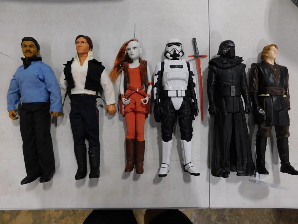 5 Star Wars Auura Sing, Lando, Han Solo, Kylo, etc 12" Figures Lot: Includes Star Wars Auura Sing Masterpiece Edition, Lando Calrissian, Kylo Ren, Han Solo, Storm Trooper 12" Action Figures Lot in Star Wars can. Clean, includes items shown
