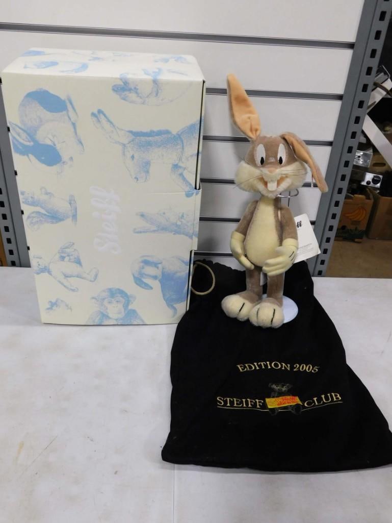 2005 Steiff Club Bugs Bunny Plush Animal with Original Ear Button, Box, Stand, Paperwork, Etc: 2005 Steiff Club Bugs Bunny Plush Animal with Original Ear Button, Box, Stand, Paperwork, Etc