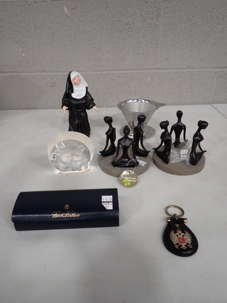 Collectibles Lot including Mats Jonasson Signed Lead Crystal Bear, Porcelain Nun, Oil Warmers, etc.: Collectibles Lot including Mats Jonasson Signed Lead Crystal Bear, Porcelain Nun Figurine, Oil Warmers, etc.