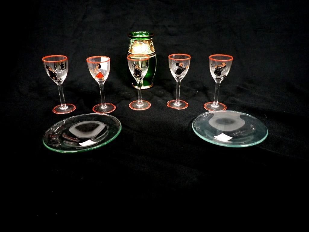 Glass Lot including Vintage Hand Painted Libbey Cocktail Glasses, Green Glass, Plates: Glass Lot including Vintage Hand Painted Libbey Cocktail Glasses, Green Glass, Plates
