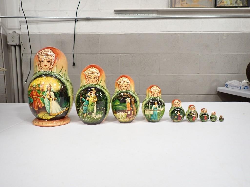 Set of 10 Hand Painted Russian Nesting Dolls Artist Signed on the Bottom (1 of 9)